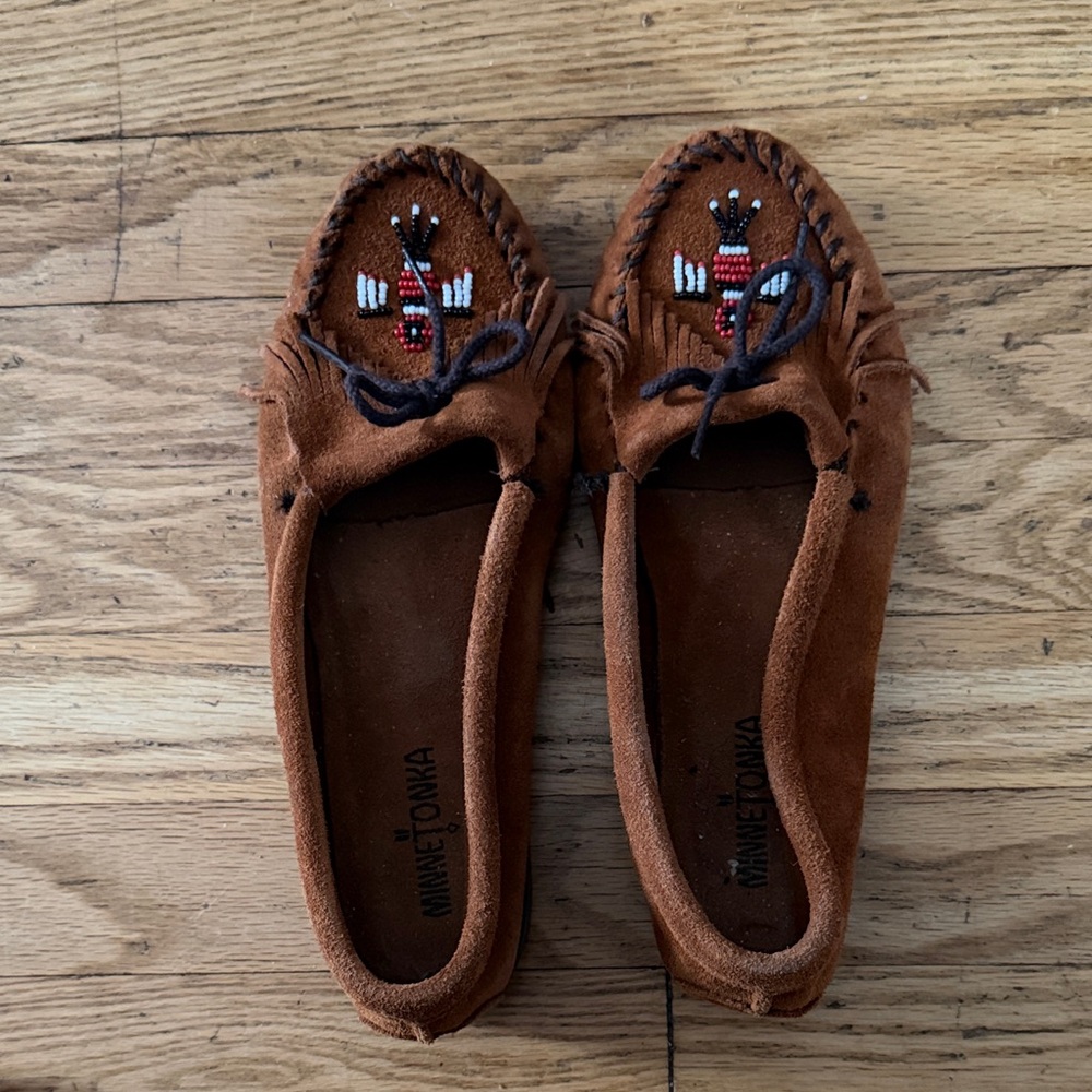 Minnetonka Brown Moccasins with Embroidered Design